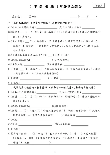 「銀行防制洗錢注意事項」範本-（ 申 報 機 構 ）可疑交易報告