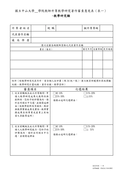 升等著作審查意見表(副-教)-國立中山大學 學院教師升等教學研究著作審查意見表（表一）