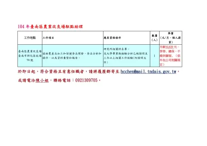 104年臺南區農業改良場駐點助理