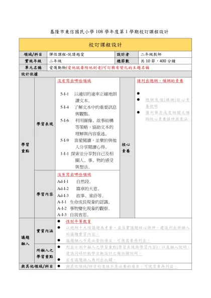 基隆市東信國民小學108學年度第1學期校訂課程設計