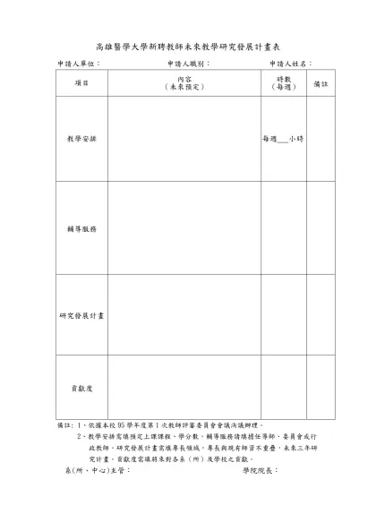 高雄醫學大學新聘教師未來教學研究發展計畫表