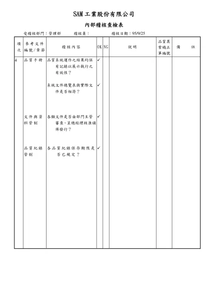 內部稽核查檢表-SAM工業股份有限公司