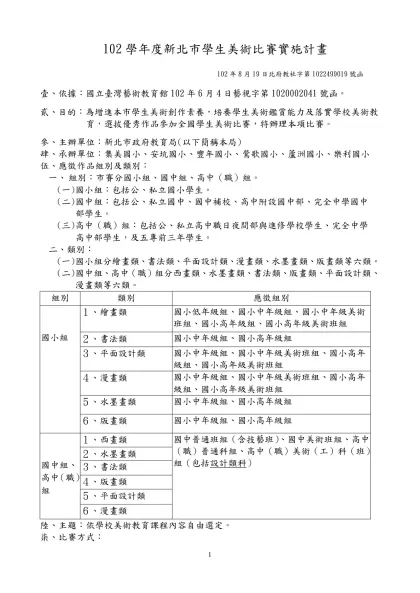 94學年度全國學生美術比賽實施要點-102學年度新北市學生美術比賽實施計畫