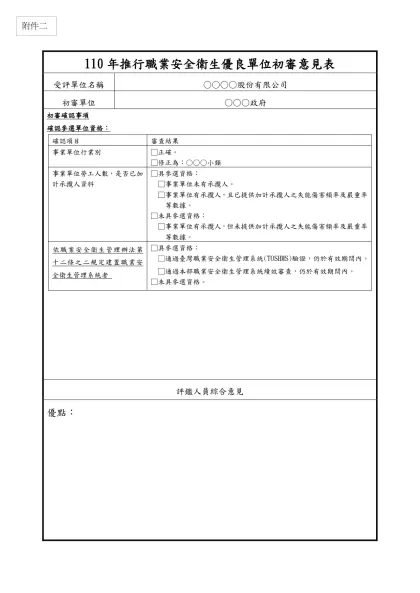 101年推行勞工安全衛生優良單位初審意見表