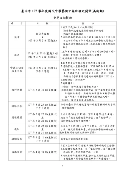 97年度國中小藝術才能資賦優異學生入班鑑定書面審查會議紀錄-臺南市107學年度國民中學藝術才能班鑑定簡章(美術類)