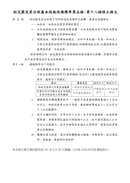 幼兒園及其分班基本設施設備標準-幼兒園及其分班基本設施設備標準第五條、第十八條修正條文