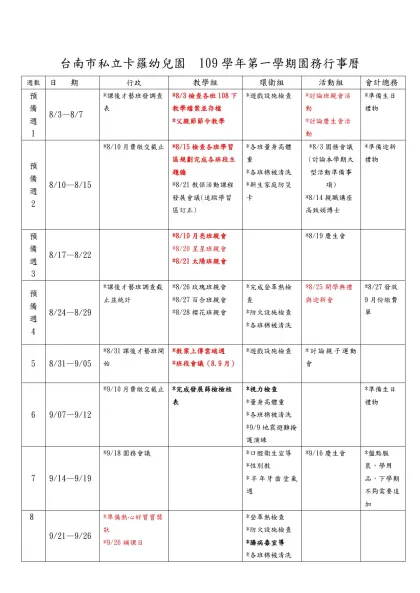 台南市私立卡羅幼兒園 109學年第一學期園務行事曆