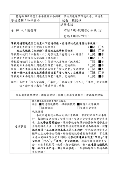 花蓮縣107年度上半年度國中小辦理「學校周邊通學環境改善」申請表