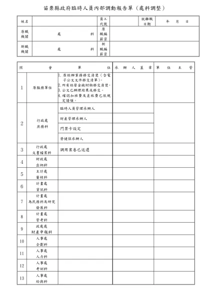 台北縣 教職員離職報告單 年 月 日填-苗栗縣政府臨時人員內部調動報告單 (處科調整）