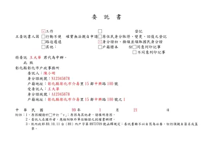 委託書範本-委 託 書- 工作 □ 登記立委託書人因 □行動不便 確實無法親自申請□原住民身分取得、變更、回復之登記