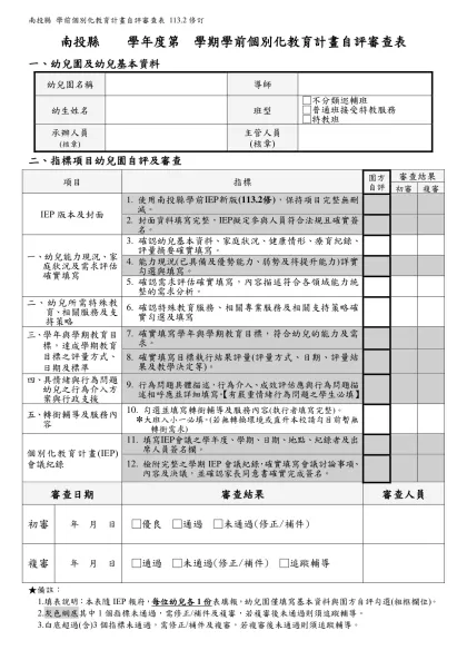 南投縣 學年度第 學期學前個別化教育計畫自評審查表