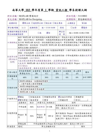 南華大學992版授課大綱(結合基本素養&核心能力)-填寫範本-南華大學 103 學年度第 1 學期 資訊工程 學系授課大綱