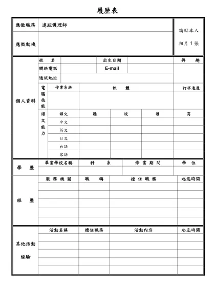 履歷表-應徵職務遠距護理師請貼本人