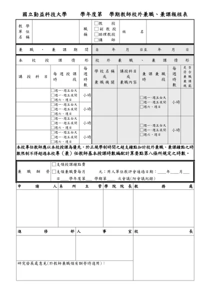 國立雲林科技大學教師在校外兼課（職）處理要點-國立勤益科技大學 學年度第 學期教師校外兼職、兼課報核表