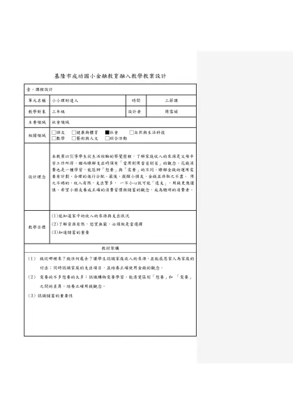 宏仁國中社會領域服務學習教案-基隆市成功國小金融教育融入教學教案設計