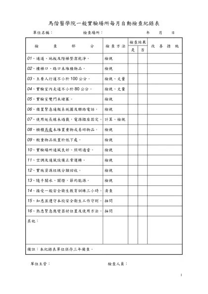 自動檢查紀錄表範本-馬偕醫學院一般實驗場所每月自動檢查紀錄表