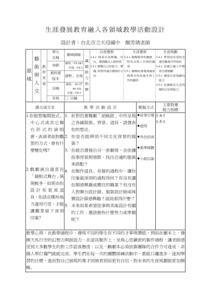 生涯議題融入教學領域課程設計-生涯發展教育融入各領域教學活動設計