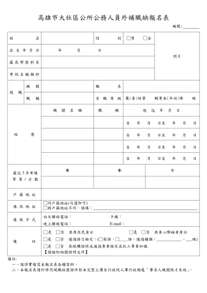 高雄市大寮區公所外補職缺報名人員簡歷表-高雄市大社區公所公務人員外補職缺報名表