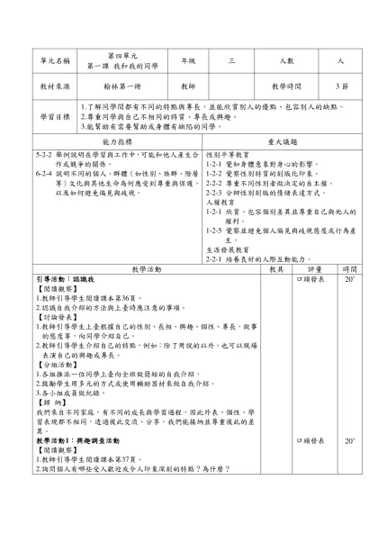 範本檔-單元名稱-單元名稱第四單元第一課 我和我的同學