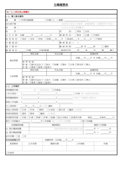1111人力銀行求職履歷表-全職履歷表