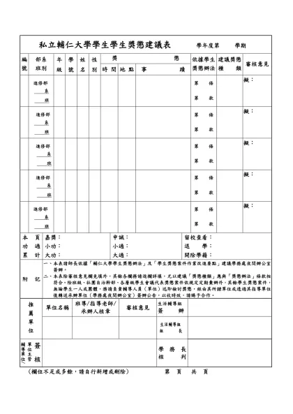 私立輔仁大學學生學生獎懲建議表 學年度第 學期