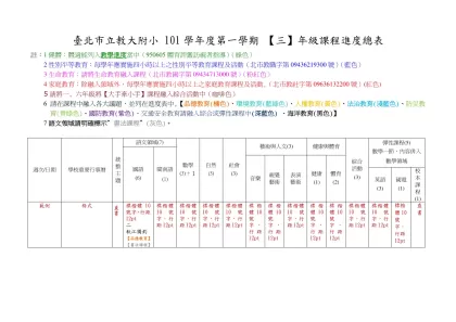台北市立教大附小九十四學年度第二學期【一】年級課程進度總表-臺北市立教大附小 101學年度第一學期 【三】年級課程進度總表