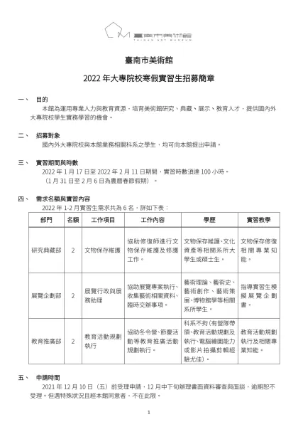 臺南市美術館-臺南市美術館2022年大專院校寒假實習生招募簡章