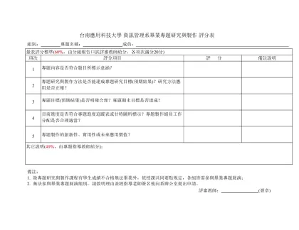 台南應用科技大學 資訊管理系畢業專題研究與製作 評分表