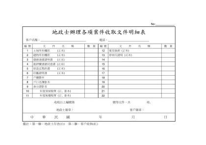 地政士辦理各項登記案件收取文件明細表-No: