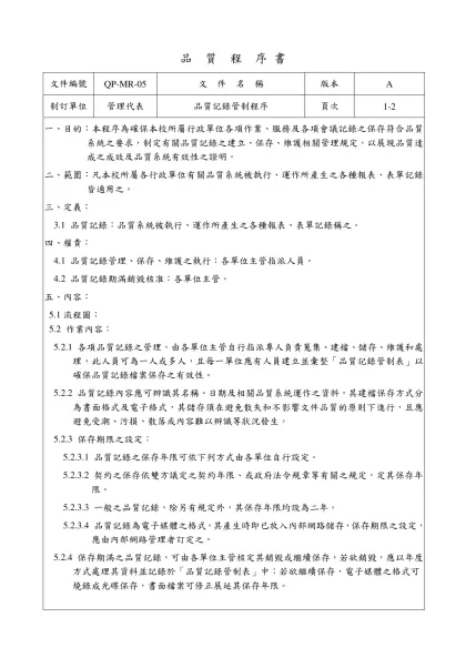 品 質 程 序 書-文件編號QP-MR-05文 件 名 稱版本