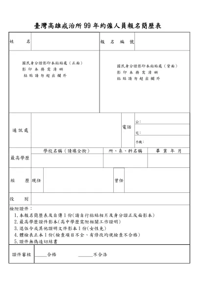 臺灣臺東戒治所98年約僱人員（管理員）報名簡歷表