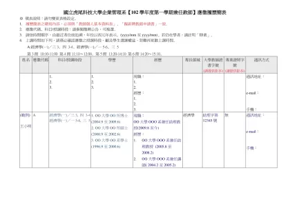 國立虎尾科技大學通識教育中心98(一)新聘兼任教師履歷簡表-國立虎尾科技大學企業管理系【102學年度第一學期兼任教師】應徵履歷簡表