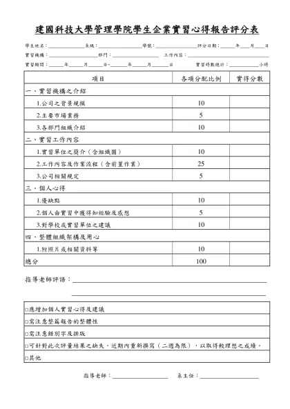 建國科技大學學生企業實習心得報告撰寫參考格式及配分標準(範例)-建國科技大學管理學院學生企業實習心得報告評分表