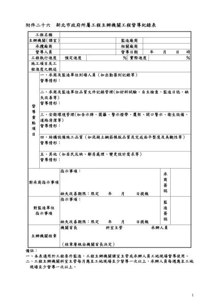 附件一 經費概算表範例-附件二十六 新北市政府所屬工程主辦機關工程督導紀錄表