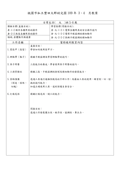 桃園市私立豐田大郡幼兒園109年 3、4 月教案