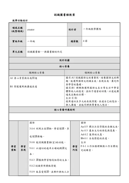 認識圖書館教案-教學活動設計領域名稱