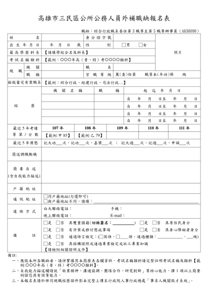 高雄市大寮區公所外補職缺報名人員簡歷表-高雄市三民區公所公務人員外補職缺報名表