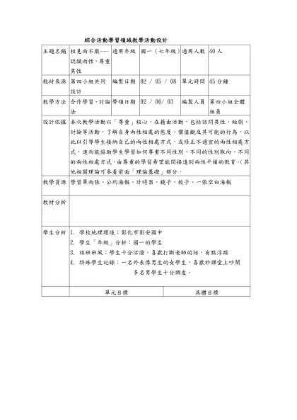 綜合活動學習領域教學活動設計-主題名稱相見兩不厭---認識兩性，尊重異性