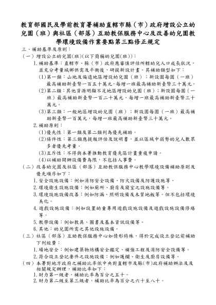 教育部國民及學前教育署補助直轄市縣（市）政府增設公立幼兒園（班）與社區（部落）互助教保服務中心及改善幼兒園教學環境設備作業要點第三點修正規定