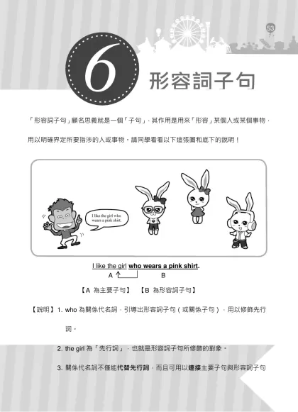「形容詞子句」顧名思義就是一個「子句」，其作用是用來「形容」某個人或某個事物，用以明確界定所要指涉的人或事物。請同學看看以下這張圖和底下的說明！