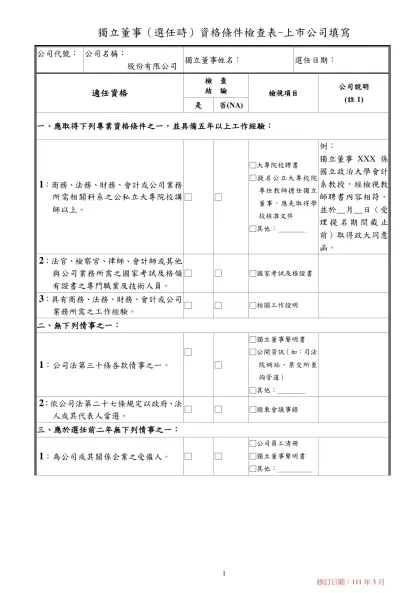 處理意見：-獨立董事（選任時）資格條件檢查表-上市公司填寫