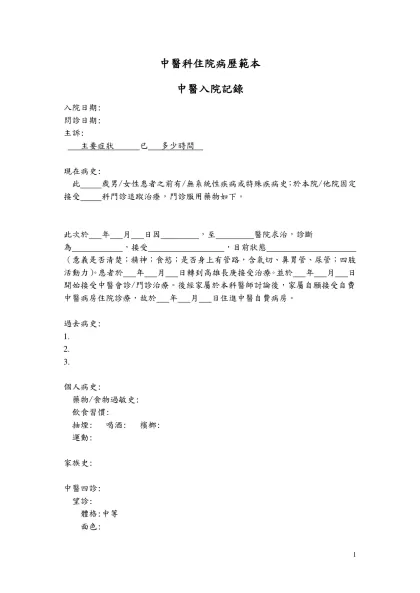 中醫科住院病歷範本-中醫入院記錄入院日期:
