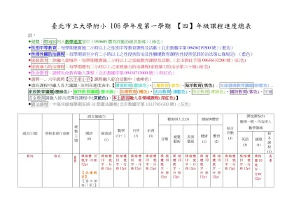 台北市立教大附小九十四學年度第二學期【一】年級課程進度總表-臺北市立大學附小 106學年度第一學期 【四】年級課程進度總表