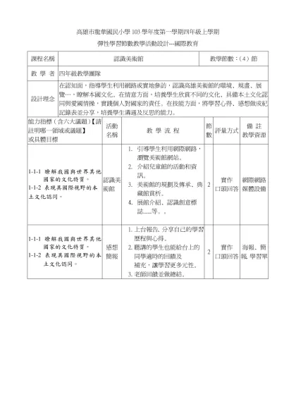 高雄市龍華國小國際教育校本課程____年級教案-高雄市龍華國民小學103學年度第一學期四年級上學期