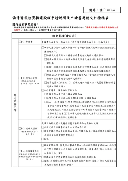※本說明僅供參考，如有更動或文字不符，應依本會相關規定辦理，另如有疑問歡迎洽詢-僑外資或陸資轉讓股權申請說明及申請書應附文件檢核表