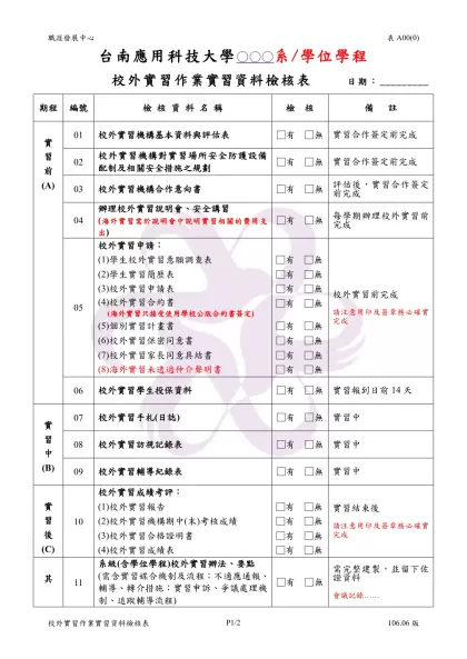 實習教育作業流程及任務編組表-台南應用科技大學○○○系/學位學程