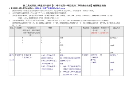 國立虎尾科技大學通識教育中心98(一)新聘兼任教師履歷簡表-國立虎尾科技大學應用外語系【113學年度第一學期或第二學期兼任教師】應徵履歷簡表