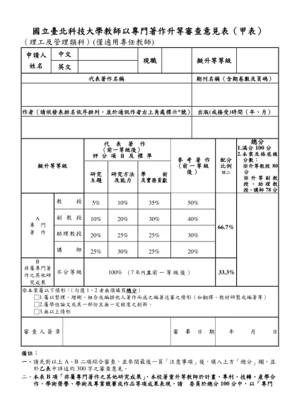 升等著作審查意見表(助-副)-國立臺北科技大學教師以專門著作升等審查意見表（甲表）