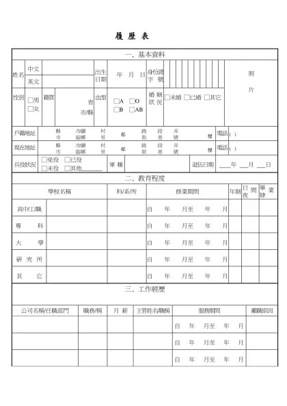 履 歷 表-一、基本資料姓名中文出生