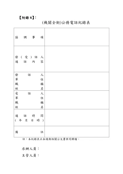 【附錄6】：- (機關全銜)公務電話紀錄表